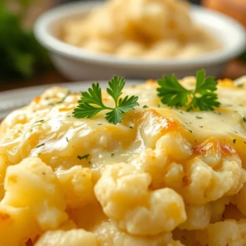 Creamy cauliflower and potato casserole with melted cheese on top, golden brown, fresh parsley garnish, rustic German comfort