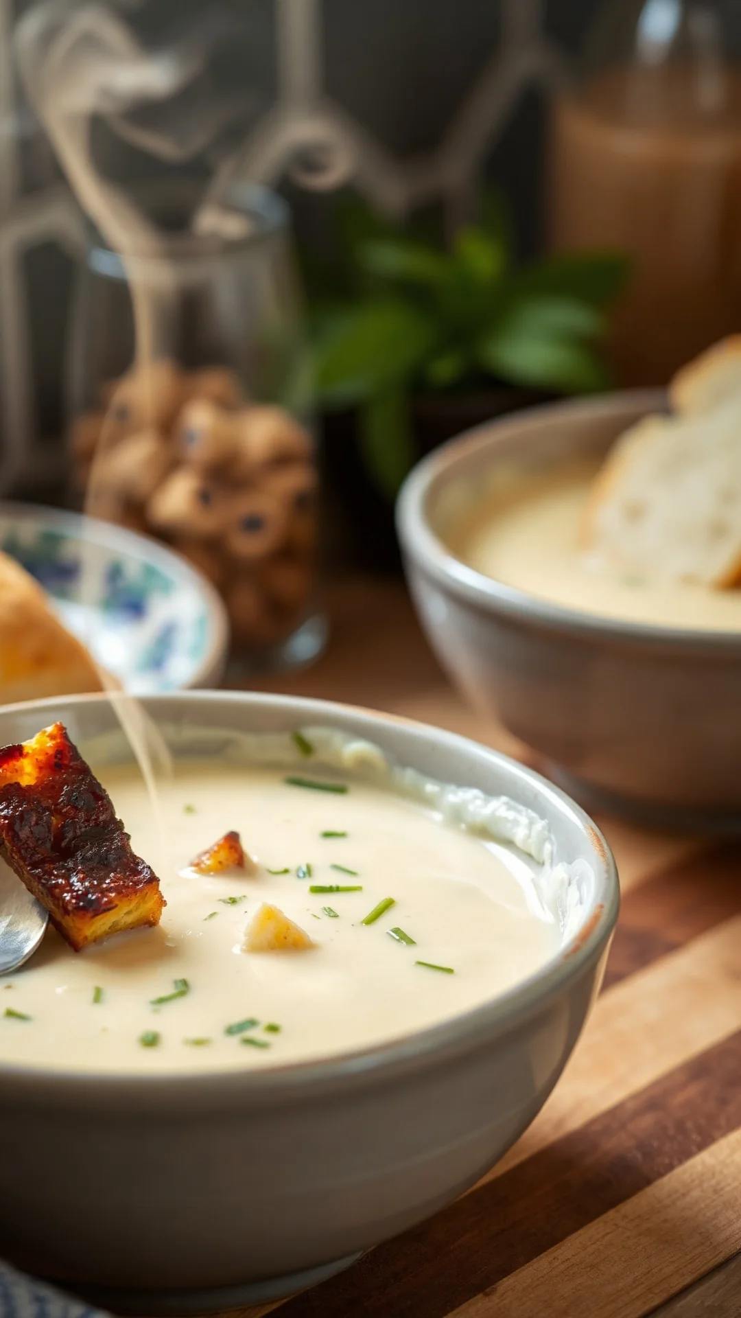 Creamy cauliflower cheese soup in a ceramic bowl with croutons and fresh herbs, steam rising from the surface, warm golden li
