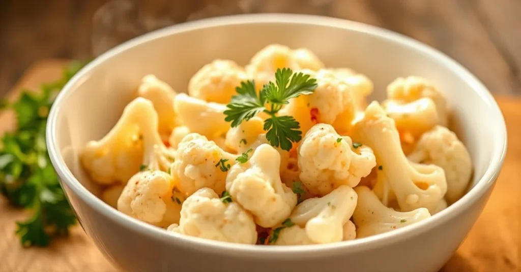 Creamy cauliflower dish in white bowl, soft golden lighting, fresh parsley garnish, steaming hot, professional food photograp