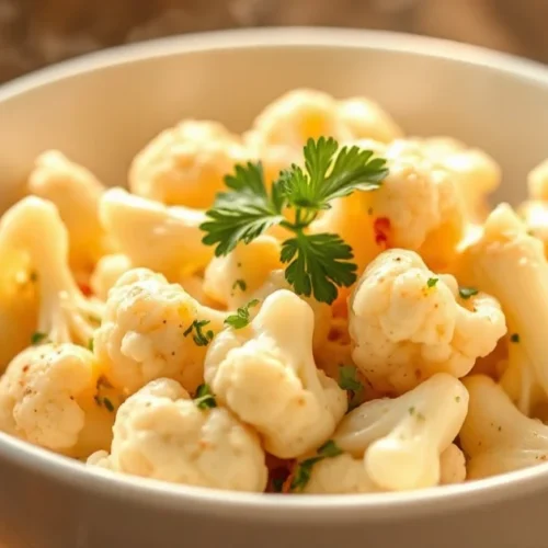 Creamy cauliflower dish in white bowl, soft golden lighting, fresh parsley garnish, steaming hot, professional food photograp