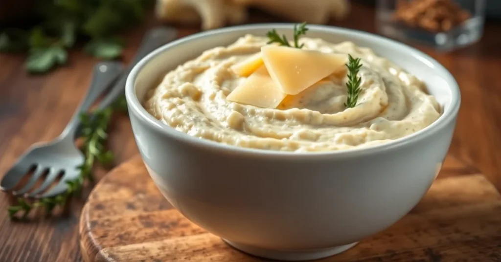 Creamy cauliflower puree in white bowl, garnished with fresh thyme and parmesan cheese, rustic wooden table background, warm