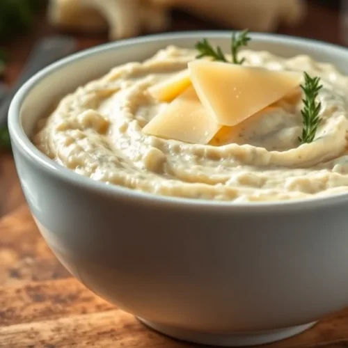 Creamy cauliflower puree in white bowl, garnished with fresh thyme and parmesan cheese, rustic wooden table background, warm