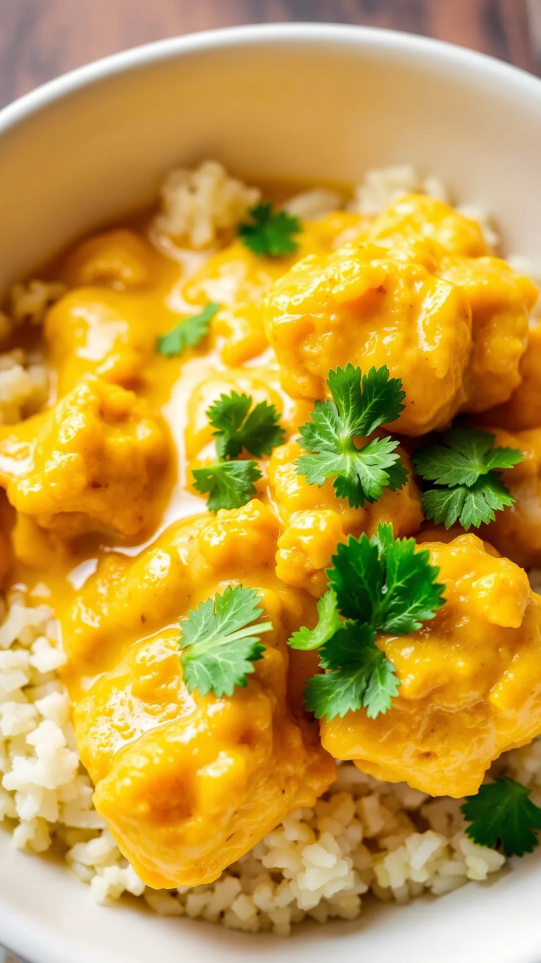 Creamy coconut curry cauliflower in white bowl with rice, garnished with cilantro, warm lighting, appetizing food photography