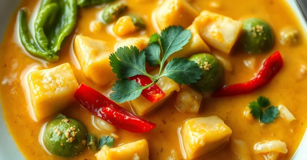 Creamy coconut curry with tender pak choi, vibrant green vegetables, rich golden sauce, garnished with fresh cilantro and red