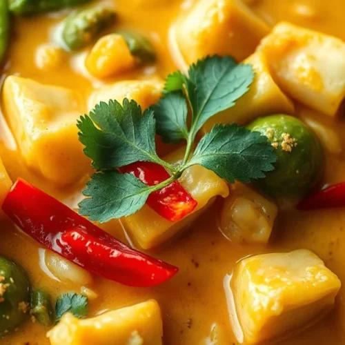Creamy coconut curry with tender pak choi, vibrant green vegetables, rich golden sauce, garnished with fresh cilantro and red