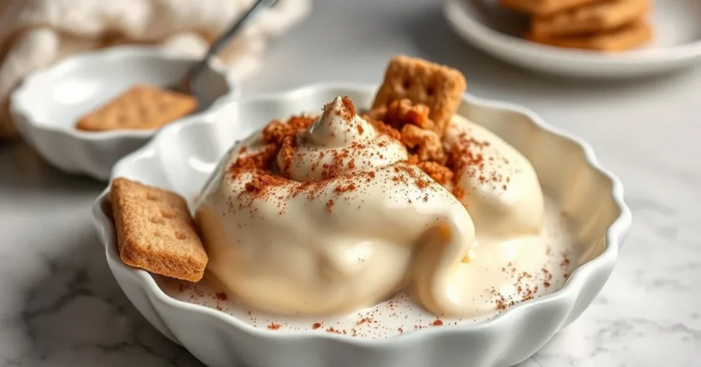 Creamy eggnog dessert with cocoa powder and biscuits, elegant plating on white ceramic dish, soft lighting, professional food