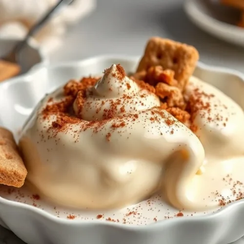 Creamy eggnog dessert with cocoa powder and biscuits, elegant plating on white ceramic dish, soft lighting, professional food