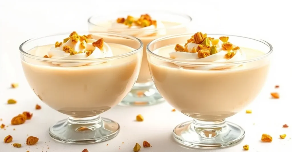 Creamy eggnog pudding in elegant glass bowls, garnished with pistachio crumbs and whipped cream, soft warm lighting, isolated