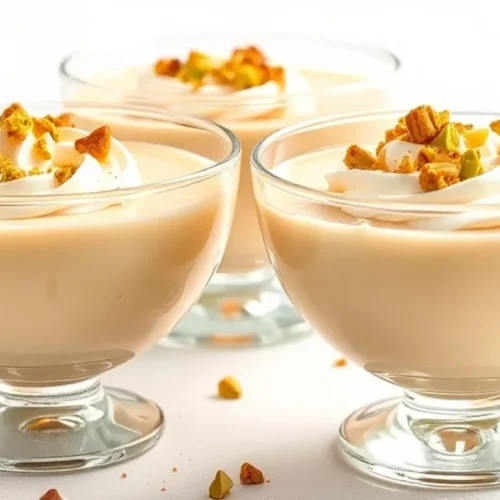 Creamy eggnog pudding in elegant glass bowls, garnished with pistachio crumbs and whipped cream, soft warm lighting, isolated