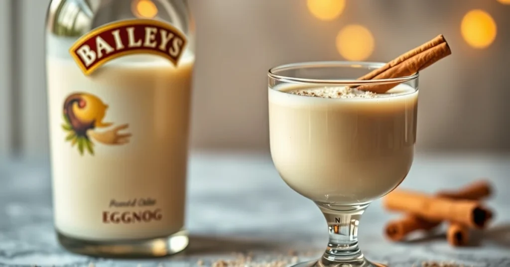Creamy eggnog with Baileys in elegant glass bottle and serving glass, festive holiday drink photography, golden lighting, gar