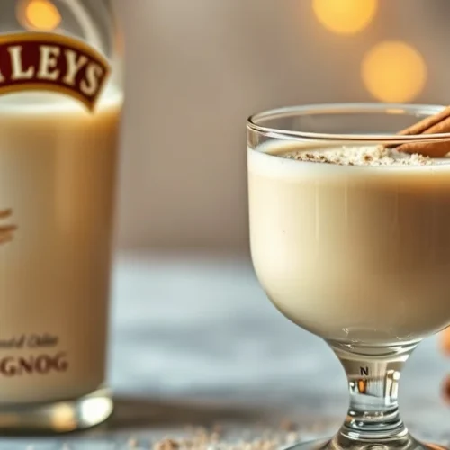 Creamy eggnog with Baileys in elegant glass bottle and serving glass, festive holiday drink photography, golden lighting, gar
