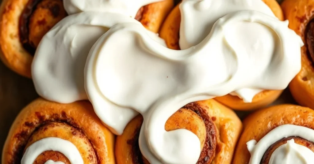 Creamy frosting spreadable on cinnamon rolls, close-up overhead shot, white frosting texture with swirl detail, professional