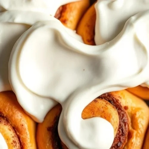 Creamy frosting spreadable on cinnamon rolls, close-up overhead shot, white frosting texture with swirl detail, professional