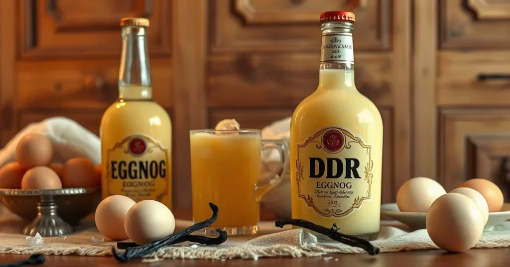Creamy golden DDR eggnog liqueur in elegant vintage bottles, surrounded by fresh eggs and vanilla pods, warm nostalgic lighti
