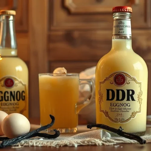 Creamy golden DDR eggnog liqueur in elegant vintage bottles, surrounded by fresh eggs and vanilla pods, warm nostalgic lighti