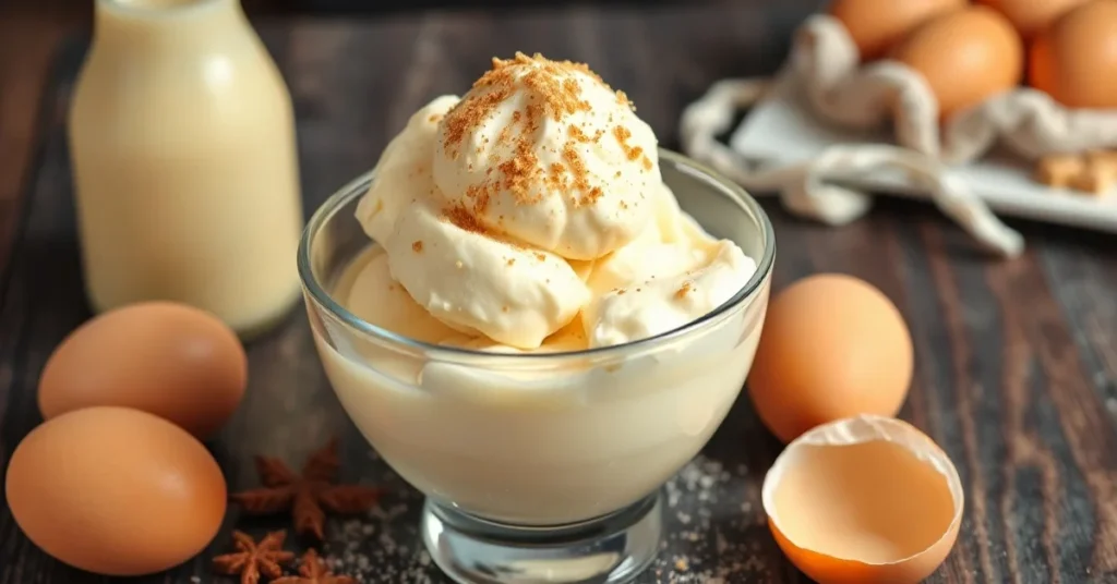 Creamy homemade eggnog ice cream in a glass bowl, topped with nutmeg powder, surrounded by fresh eggs and eggnog bottle, gold