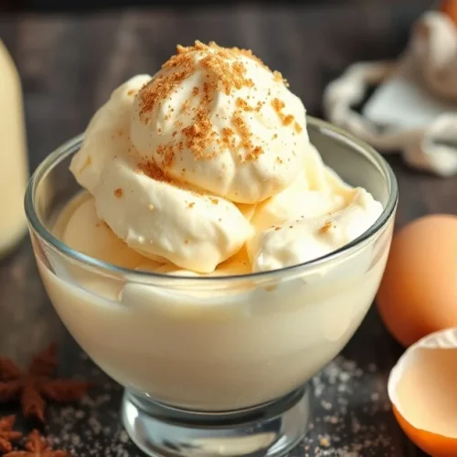 Creamy homemade eggnog ice cream in a glass bowl, topped with nutmeg powder, surrounded by fresh eggs and eggnog bottle, gold