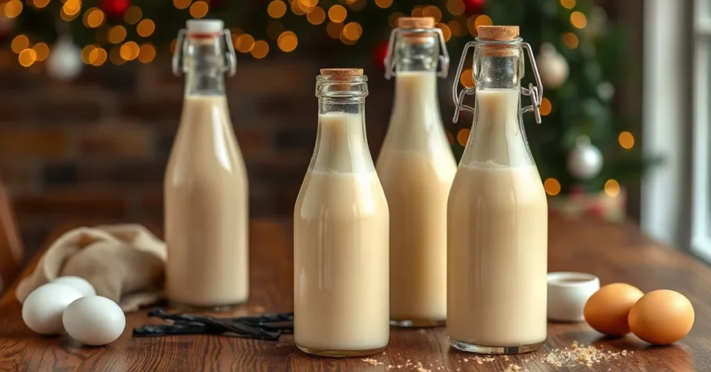 Creamy homemade eggnog in elegant glass bottles on wooden table with vanilla pods and whole eggs, warm festive lighting, prof