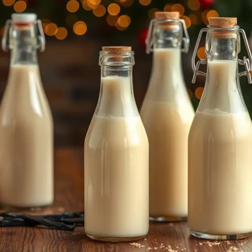 Creamy homemade eggnog in elegant glass bottles on wooden table with vanilla pods and whole eggs, warm festive lighting, prof