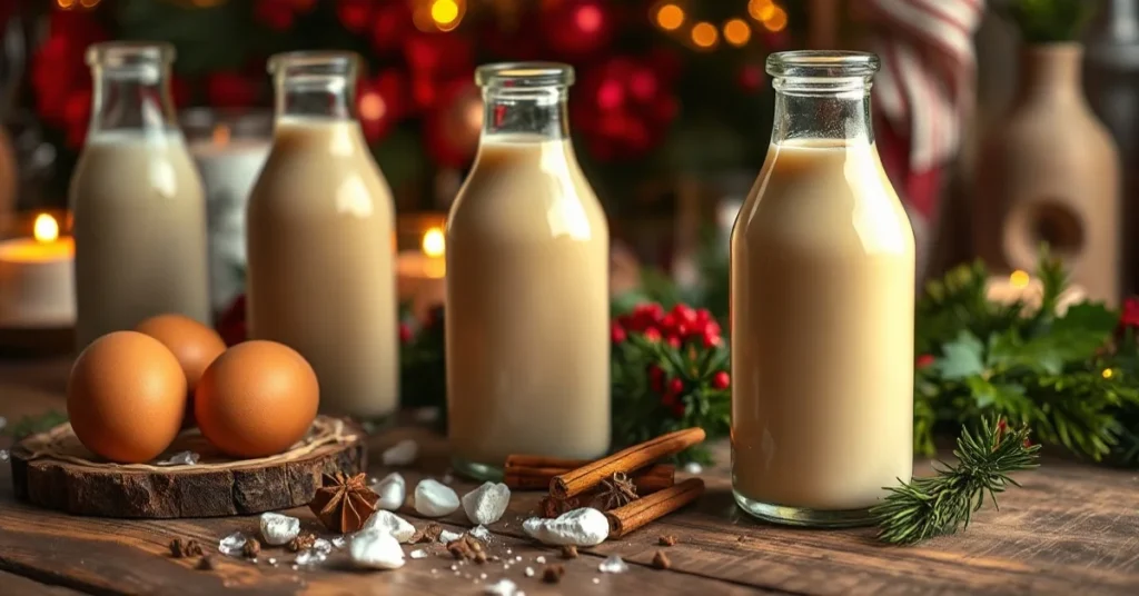 Creamy homemade eggnog in elegant glass bottles with fresh eggs and spices on rustic wooden table, festive holiday setting, w