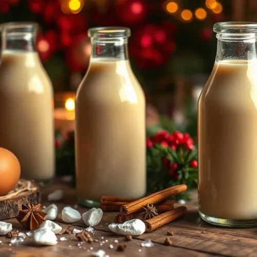 Creamy homemade eggnog in elegant glass bottles with fresh eggs and spices on rustic wooden table, festive holiday setting, w