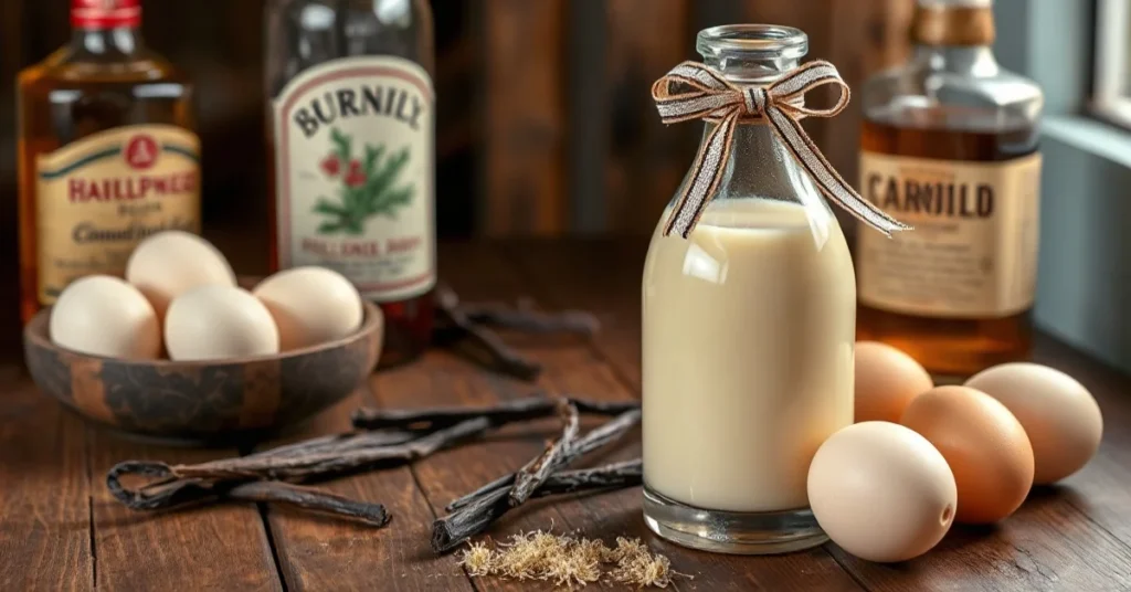 Creamy homemade eggnog liqueur in an elegant glass bottle with festive ribbon, surrounded by fresh eggs, vanilla pods, and ru