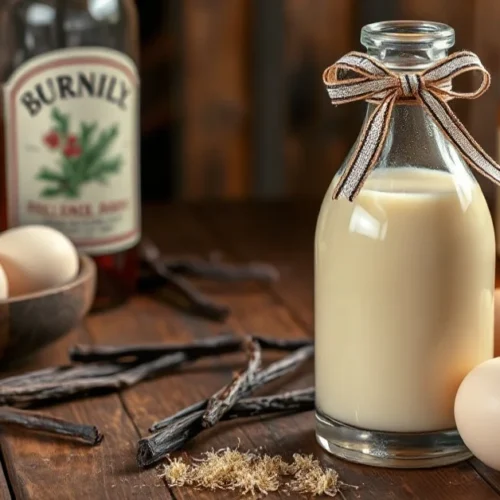 Creamy homemade eggnog liqueur in an elegant glass bottle with festive ribbon, surrounded by fresh eggs, vanilla pods, and ru