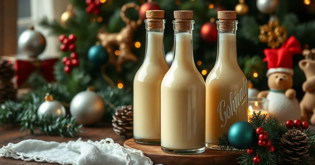 Creamy homemade eggnog liqueur in elegant glass bottles with golden liquid, festive holiday setting, Christmas decorations, p