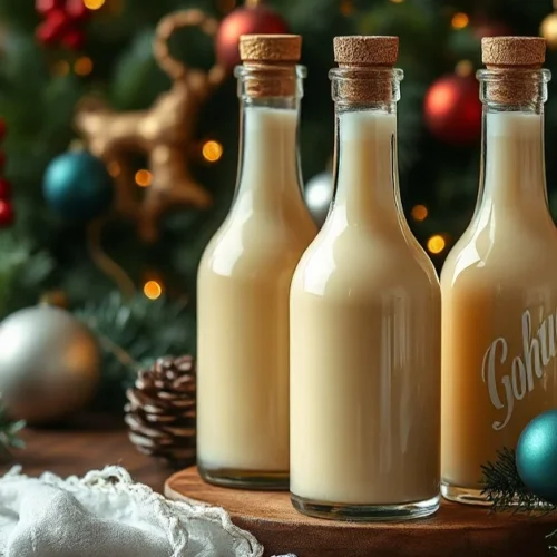 Creamy homemade eggnog liqueur in elegant glass bottles with golden liquid, festive holiday setting, Christmas decorations, p