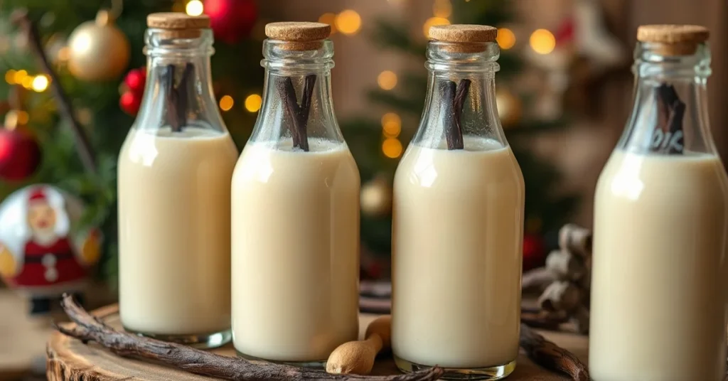 Creamy homemade eggnog with vanilla beans in glass bottles, festive holiday setting, rich golden color, detailed close-up pho