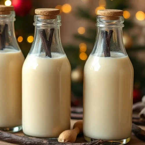 Creamy homemade eggnog with vanilla beans in glass bottles, festive holiday setting, rich golden color, detailed close-up pho