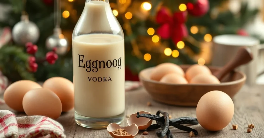 Creamy homemade eggnog with vodka in an elegant glass bottle, surrounded by fresh eggs, vanilla pods, and nutmeg, festive hol