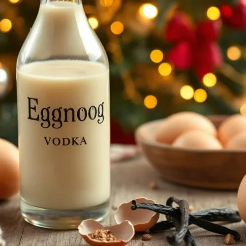 Creamy homemade eggnog with vodka in an elegant glass bottle, surrounded by fresh eggs, vanilla pods, and nutmeg, festive hol