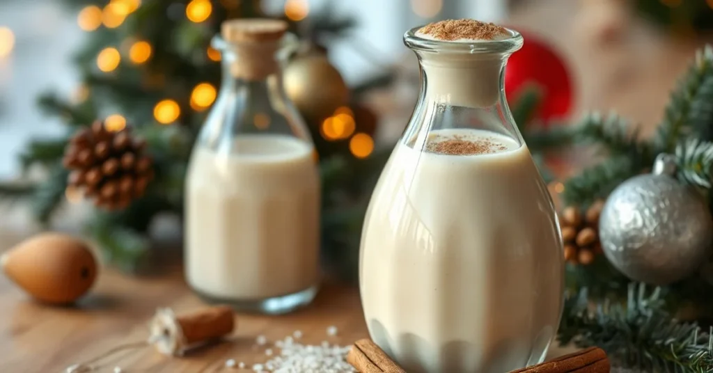 Creamy homemade eggnog without alcohol in elegant glass bottle, topped with nutmeg and cinnamon, festive Christmas table sett