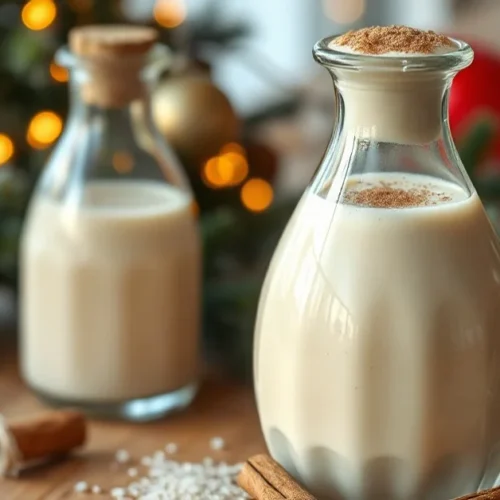 Creamy homemade eggnog without alcohol in elegant glass bottle, topped with nutmeg and cinnamon, festive Christmas table sett