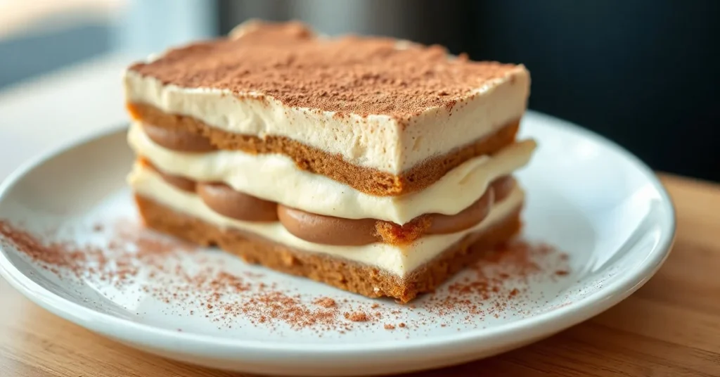 Creamy layered tiramisu dessert with cocoa powder dusting, Italian classic pastry, elegant plating, professional food photogr