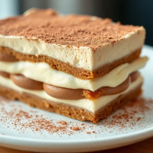 Creamy layered tiramisu dessert with cocoa powder dusting, Italian classic pastry, elegant plating, professional food photogr