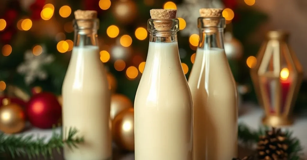 Creamy low carb eggnog in elegant glass bottles, garnished with nutmeg and vanilla bean, warm golden lighting, festive holida
