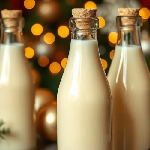 Creamy low carb eggnog in elegant glass bottles, garnished with nutmeg and vanilla bean, warm golden lighting, festive holida
