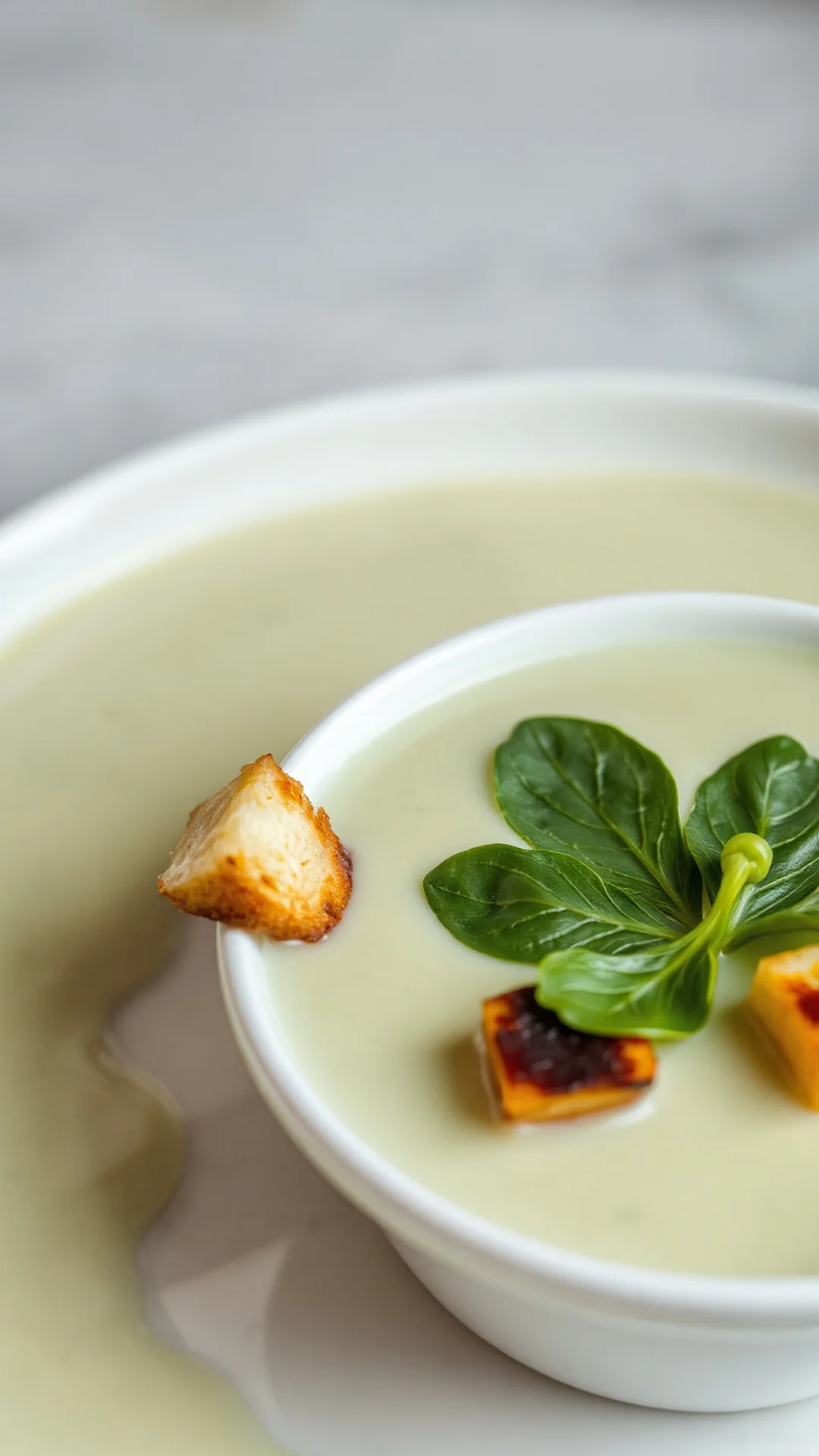Creamy pale green pak choi soup in white bowl, smooth silky texture, potato garnish, fresh croutons, steam, elegant plating,