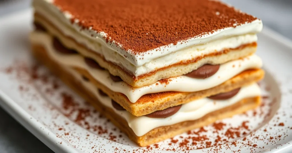 Creamy tiramisu dessert layered with mascarpone cream, coffee-soaked ladyfingers, dusted with cocoa powder, elegant Italian d