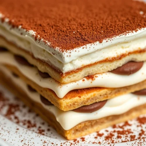 Creamy tiramisu dessert layered with mascarpone cream, coffee-soaked ladyfingers, dusted with cocoa powder, elegant Italian d