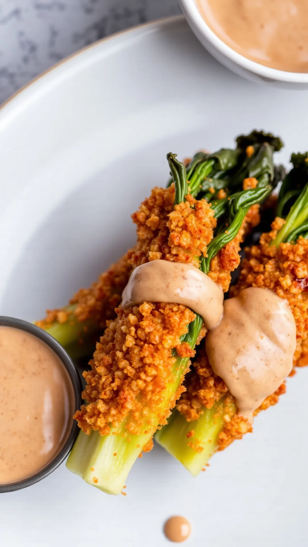Crispy deep-fried pak choi with creamy peanut sauce drizzle, golden color, coconut milk sauce, Asian appetizer, mouth-waterin