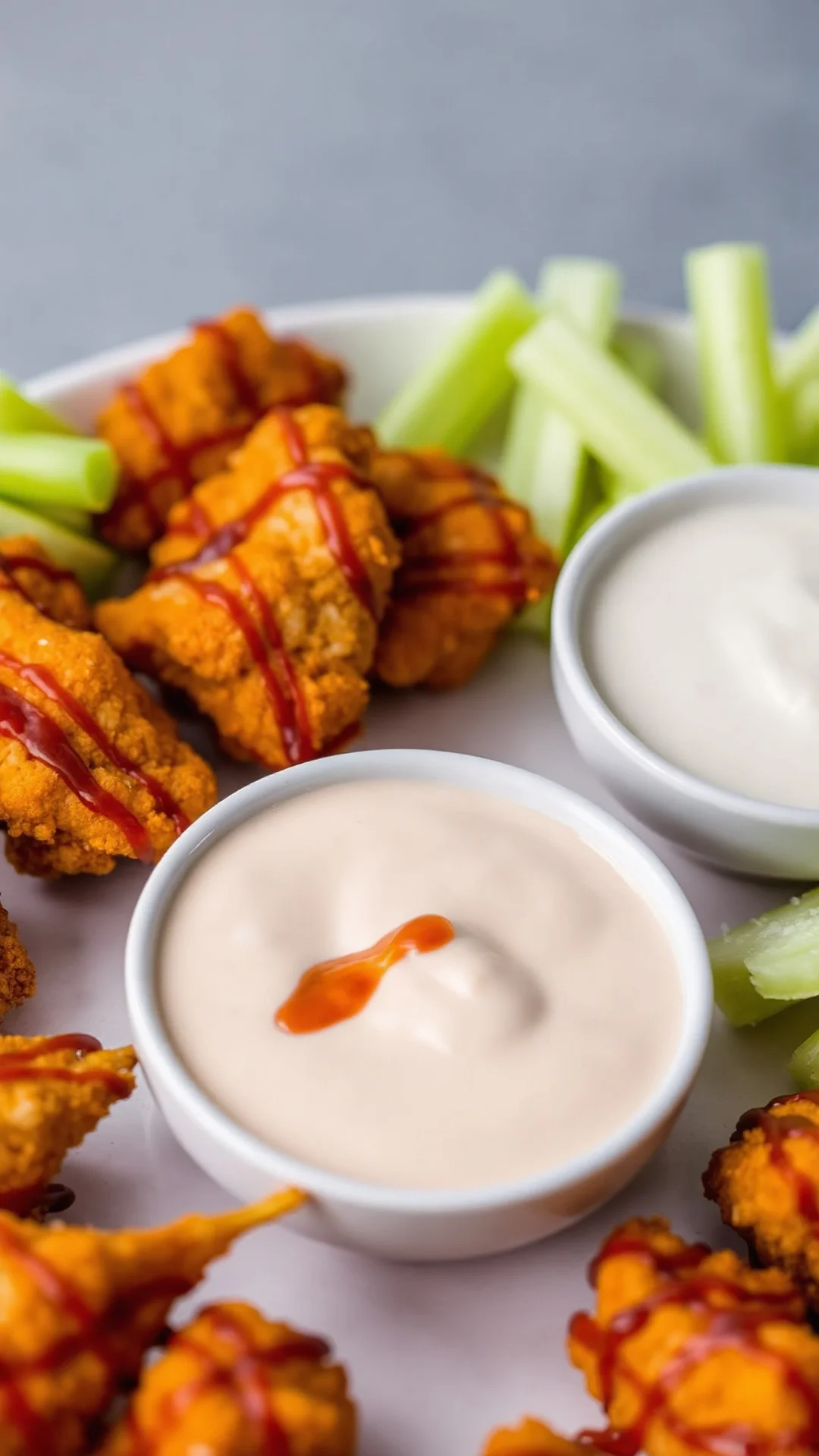 Crispy fried cauliflower buffalo bites coated in red sauce, served with ranch dip and celery, appetizer plating