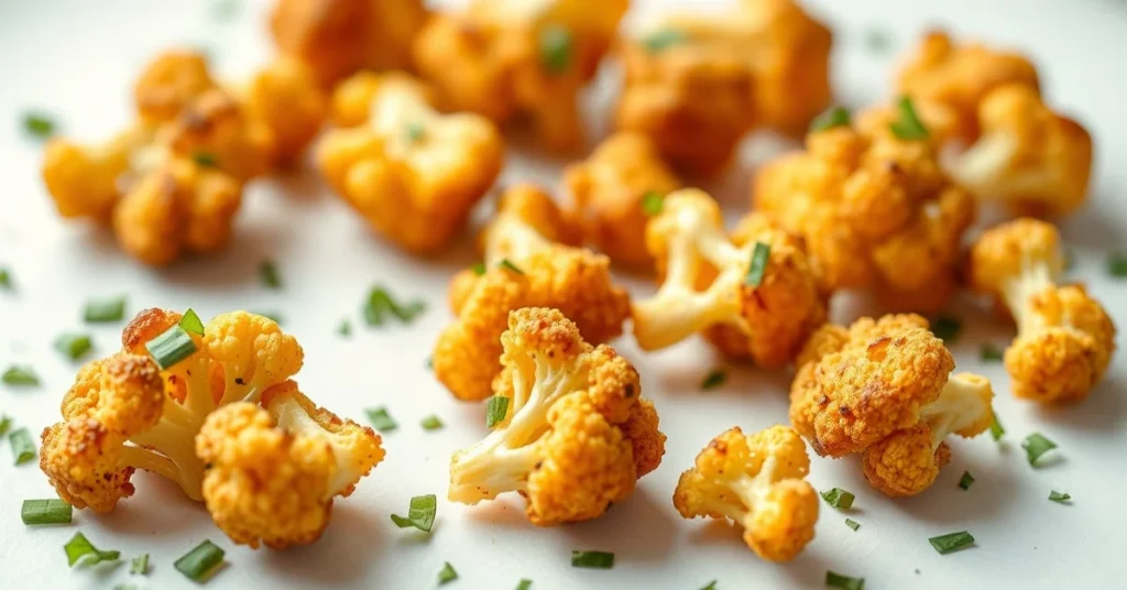 Crispy golden cauliflower florets from air fryer, shallow depth of field, scattered fresh herbs, vibrant appetizing food phot