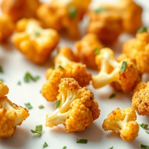 Crispy golden cauliflower florets from air fryer, shallow depth of field, scattered fresh herbs, vibrant appetizing food phot