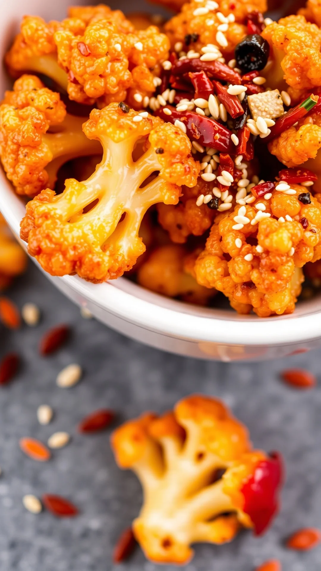 Crispy szechuan cauliflower florets in a white bowl with sesame seeds and chili flakes scattered on top, close-up food photog