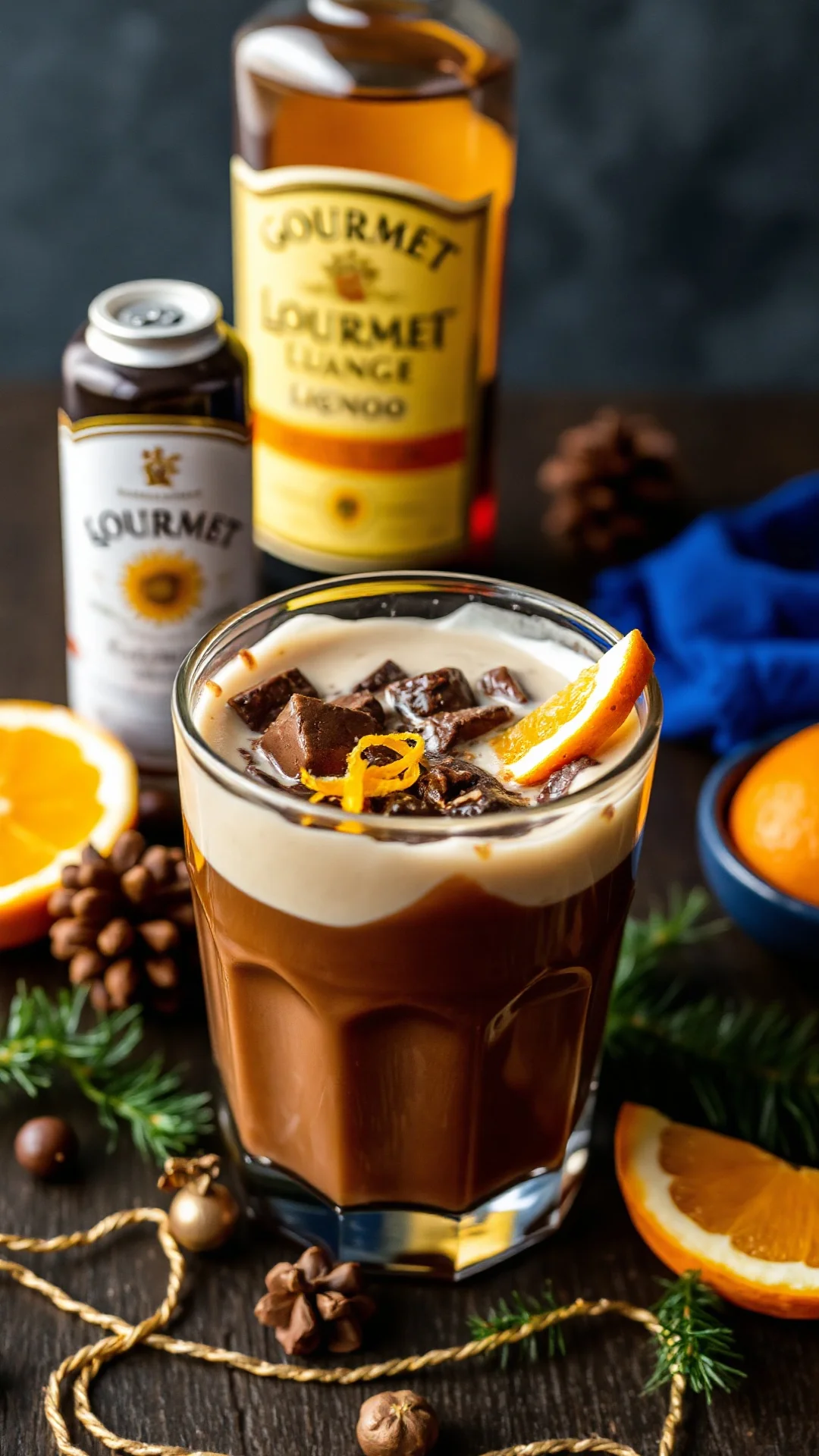 Dark chocolate orange eggnog, rich decadent consistency, orange zest garnish, gourmet liqueur bottle, festive holiday atmosph