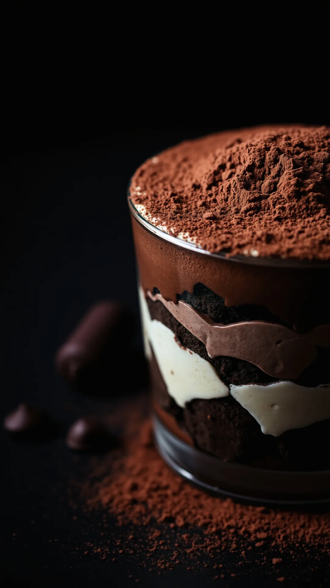 Dark chocolate tiramisu with cocoa powder dusting, rich decadent dessert, professional food photography, moody lighting, gour
