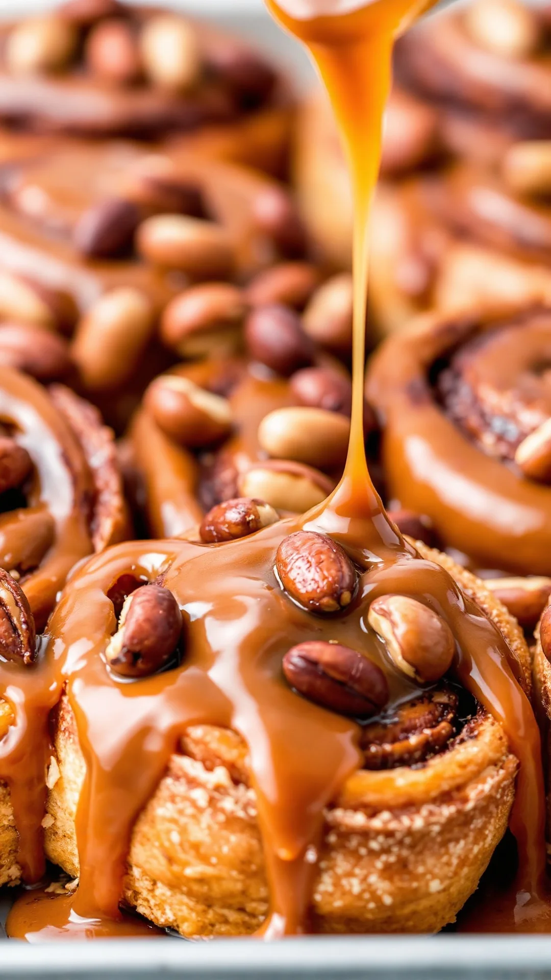Decadent caramel nut cinnamon rolls drizzled with caramel sauce, roasted hazelnuts on top, rich indulgent pastry, close-up ma